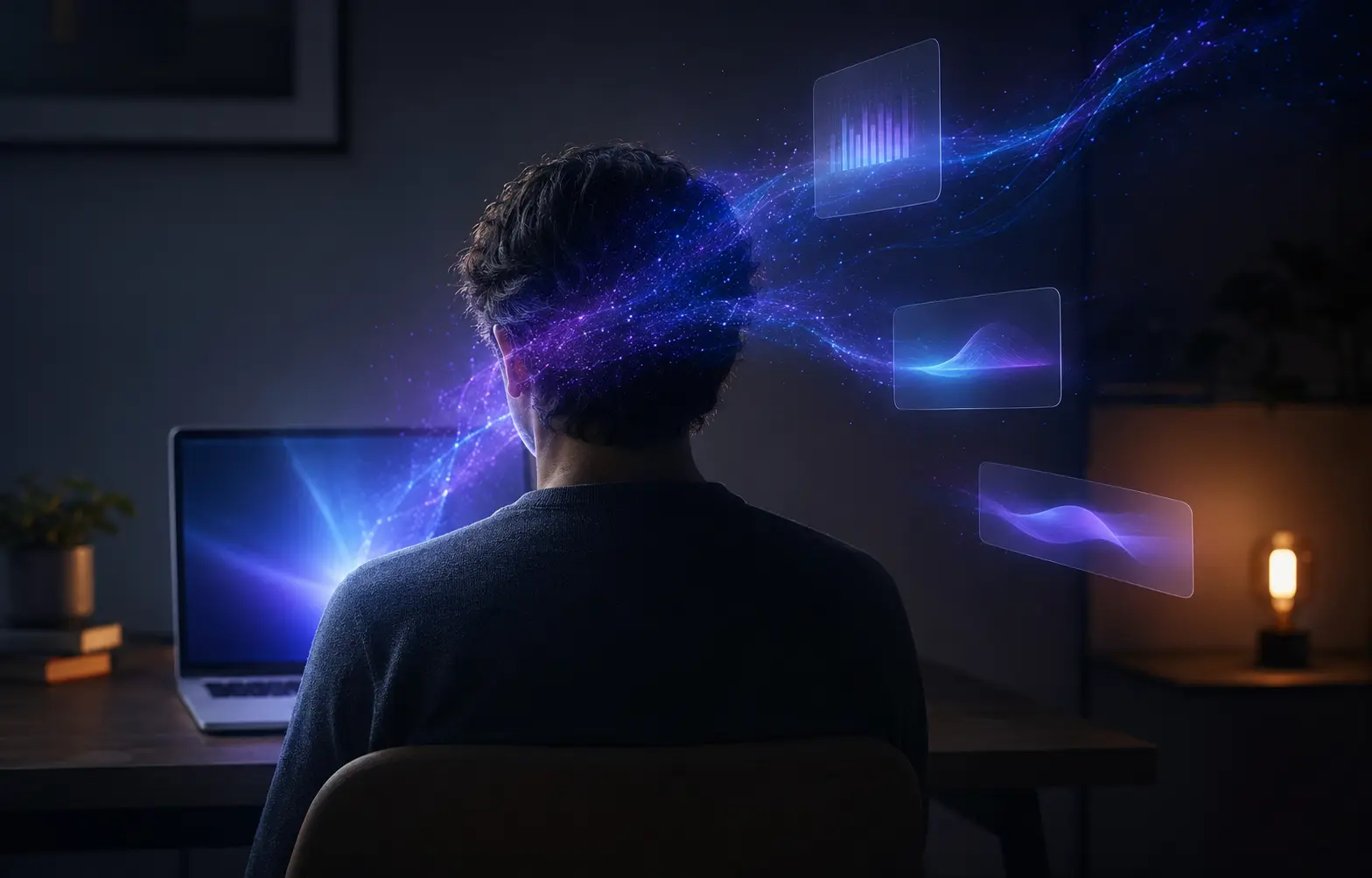 A person working with luminous affirmation waves